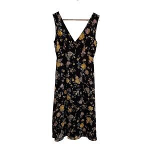 Rokoko Black Yellow Floral V-Neck Sleeveless Midi Dress Size Small